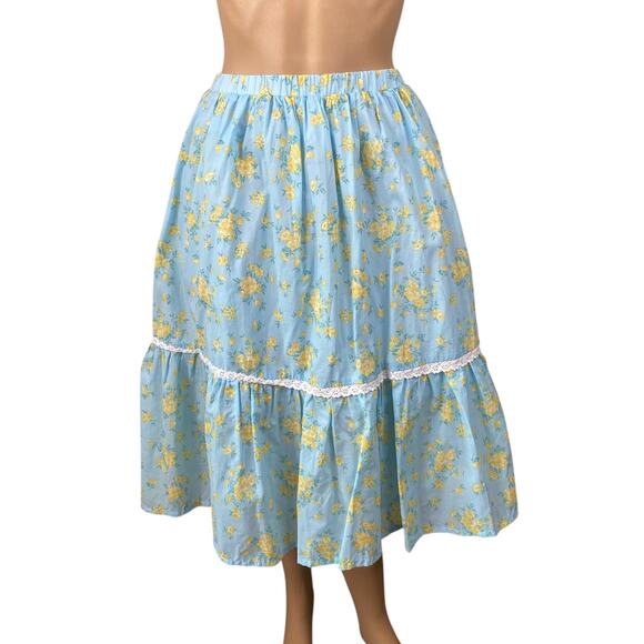 Pastel Blue Yellow Ditsy Floral Cottagecore Full Midi Skirt SZ S - Picture 1 of 7